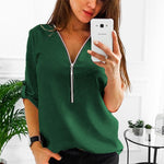 LAAMEI Zipper Short Sleeve Women Shirts Sexy V Neck Solid Women Top Blouses Casual Tee Shirt Tops Female Clothes Plus Sizes