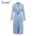 Simplee Vintage pleated belt plaid dress women Elegant office ladies blazer dresses Long sleeve female autumn midi party dress