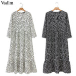 Vadim women dots print maxi dress pleated three quarter sleeve female casual straight dresses chic ankle length vestidos QB260