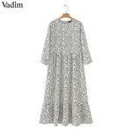 Vadim women dots print maxi dress pleated three quarter sleeve female casual straight dresses chic ankle length vestidos QB260